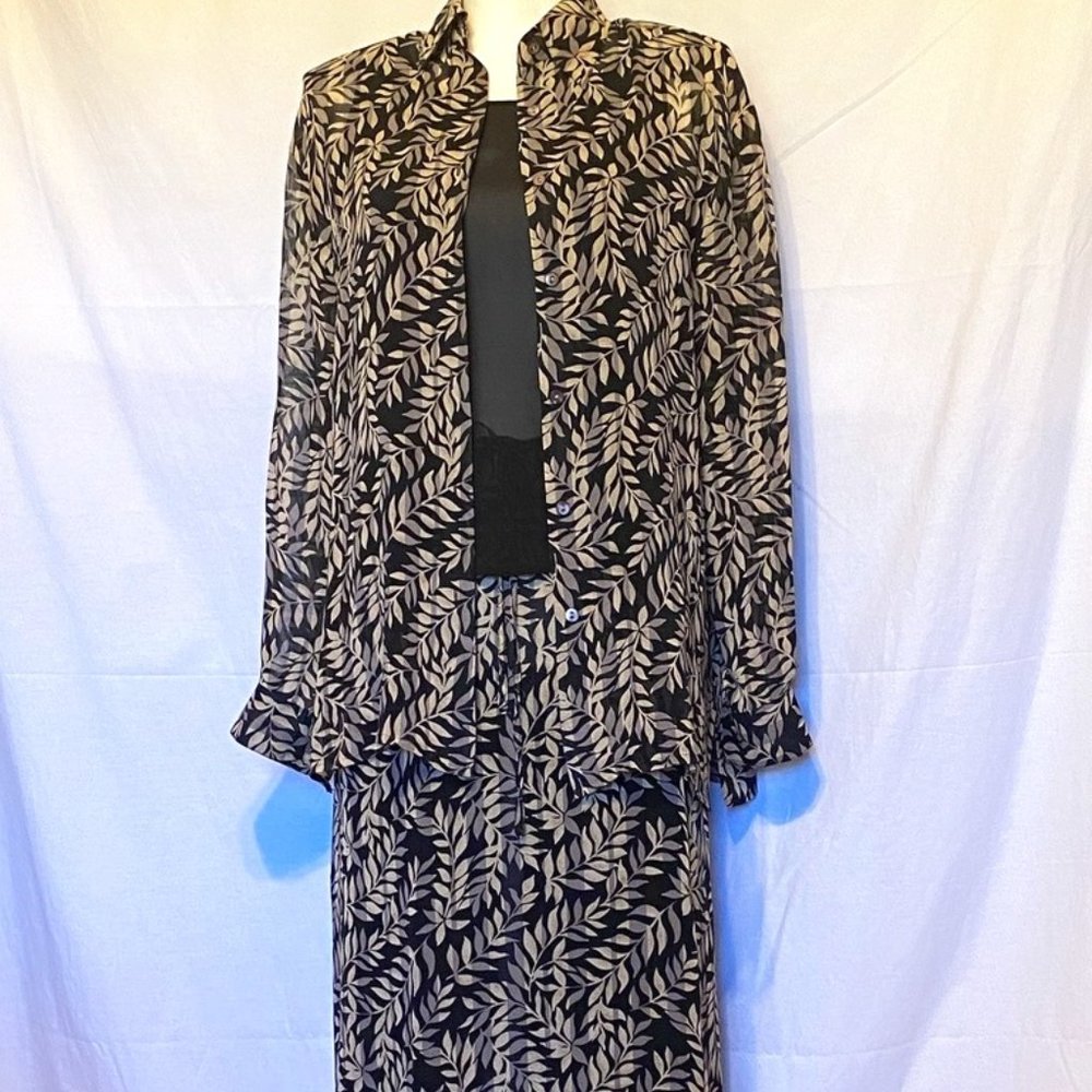 Nice!  PIANO ~ 100% Silk Floral Print Sheer 3pc. Blouse, Top & Skirt Suit ~
